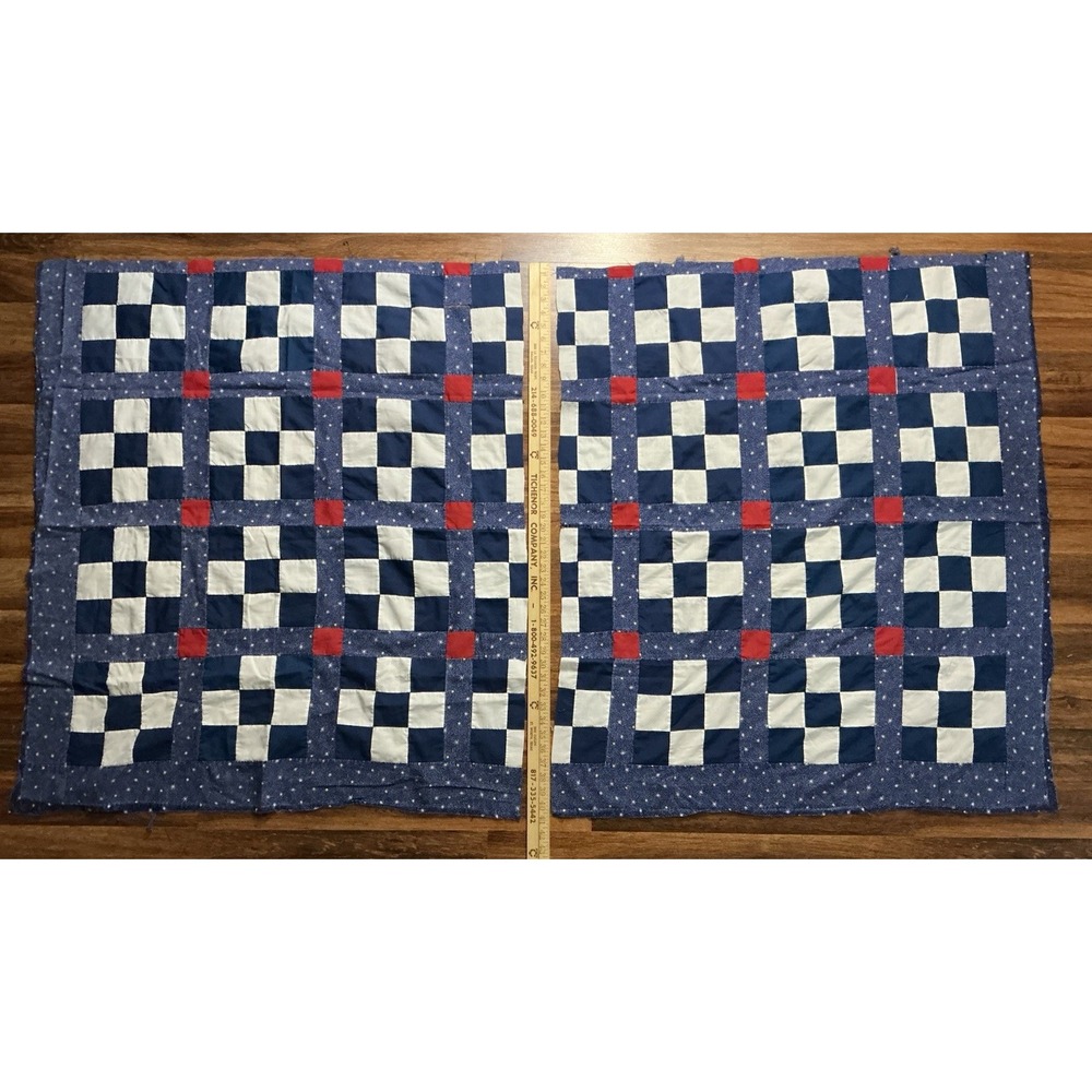2 Handstitched Patchwork Quilt Top Pieces Approx 36in X 40in Each Blue White Red